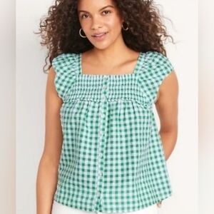 OLD NAVY WOMEN'S GREEN & WHITE CHECKERED GINGHAM SWING BLOUSE SIZE MED TALL
